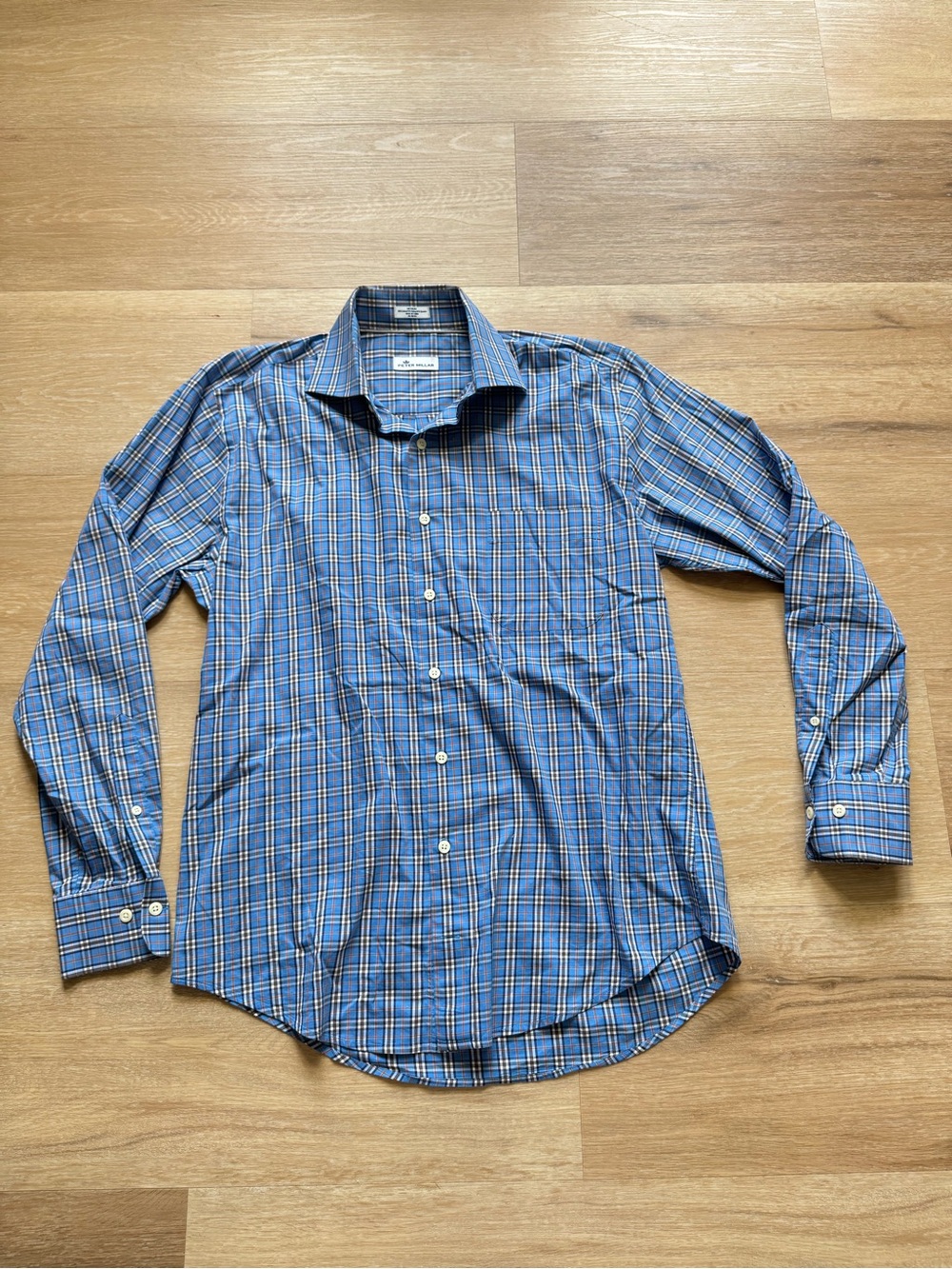 Peter Millar Blue and White Plaid Spread-Collar Dress Shirt